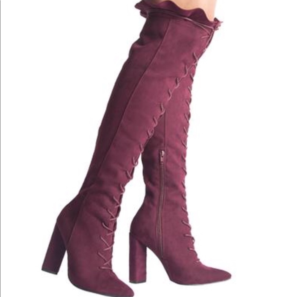 Lace Me Up Ruffle Top Knee Boots (Wine Color)